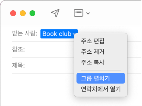 받는 사람 필드에 그룹을 표시하는 이메일 및 확장 그룹 명령을 표시하는 팝업 메뉴.