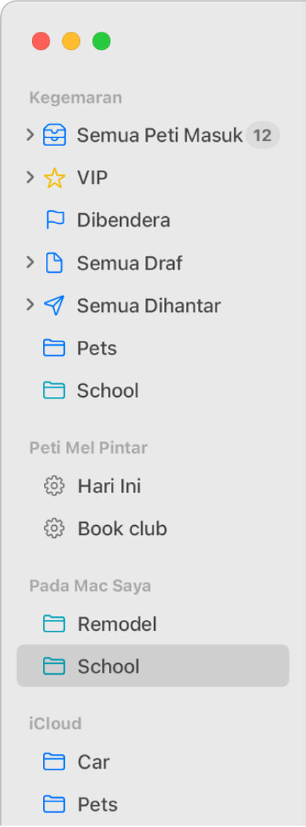 Bar sisi Mail menunjukkan peti mel standard (seperti Peti Masuk dan Draf) di bahagian atas bar sisi dan peti mel yang anda cipta dalam bahagian Pada Mac Saya dan iCloud.