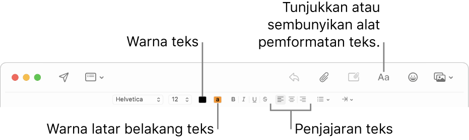 Bar alat dan bar pemformatan dalam tetingkap mesej baharu menandakan warna teks, warna latar belakang teks dan butang penjajaran teks.