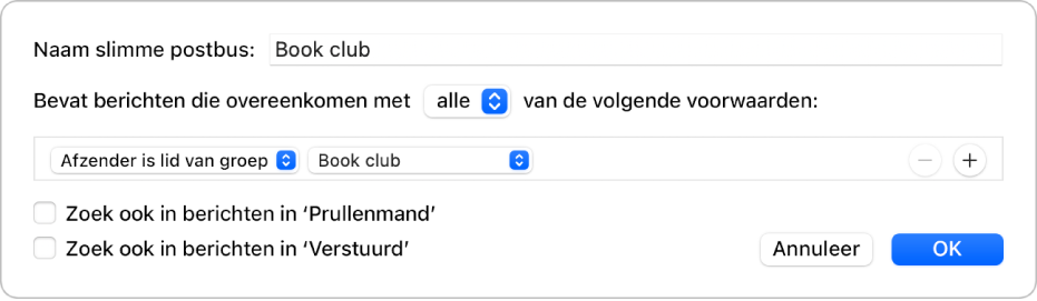 Het venster van de slimme groep met criteria voor een groep met de naam "Soccer schedules" (Voetbaltrainingen). De groep heeft twee voorwaarden. De eerste voorwaarde heeft twee criteria. Van links naar rechts zijn dit: 'Afzender is lid van groep' (geselecteerd in een venstermenu) en 'Soccer Group' (Voetbalteam) (geselecteerd in een venstermenu). De tweede voorwaarde heeft één criterium: 'Bevat bijlagen' (geselecteerd in een venstermenu).