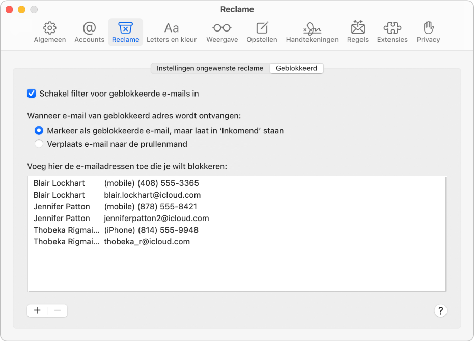 Het voorkeurenpaneel 'Geblokkeerd' met een lijst met geblokkeerde afzenders. De optie voor het filteren van geblokkeerde e-mail is ingeschakeld, evenals de optie waarmee geblokkeerde e-mail gemarkeerd wordt, maar na bezorging in 'Inkomend' blijft staan.