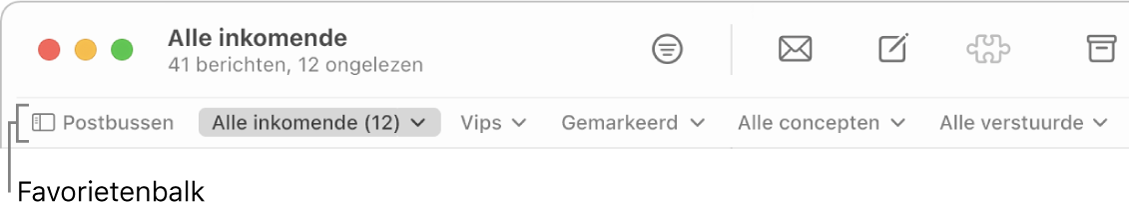 De favorietenbalk met de knop 'Postbussen' en knoppen voor toegang tot je favoriete postbussen, zoals 'Vips' en 'Gemarkeerd'.