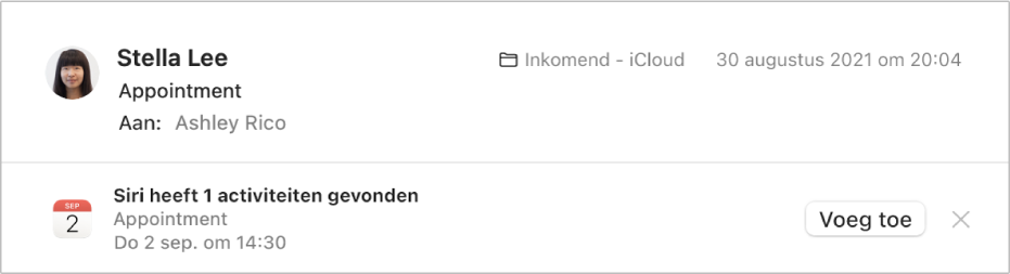 Een banner onder de berichtkoptekst in het voorvertoningsgebied bevat informatie over een activiteit die Siri in het bericht heeft gevonden. Rechts zie je een link om de activiteit aan Agenda toe te voegen.