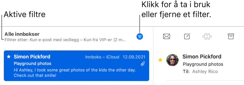 Mail-vinduet, som viser verktøylinjen over meldingslisten, der Mail angir hvilke filtre som er aktivert, for eksempel «Kun fra VIP-er».
