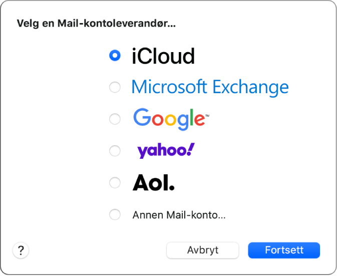 Dialogruten for å velge en e-postkontotype, som viser iCloud, Microsoft Exchange, Google, Yahoo, AOL og Annen e-postkonto.