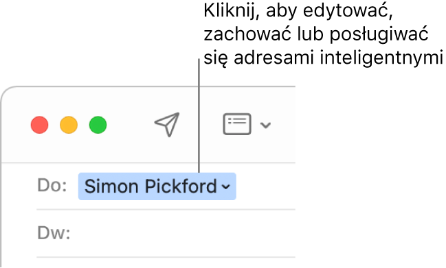 Adres inteligentny ze strzałką, w którą możesz kliknąć, aby go edytować, zachować lub pracować z adresem inteligentnym.