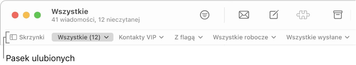 Pasek ulubionych, pokazujący przycisk Skrzynki oraz przyciski dostępu do ulubionych skrzynek pocztowych, takich jak Kontakty VIP lub Z flagą.