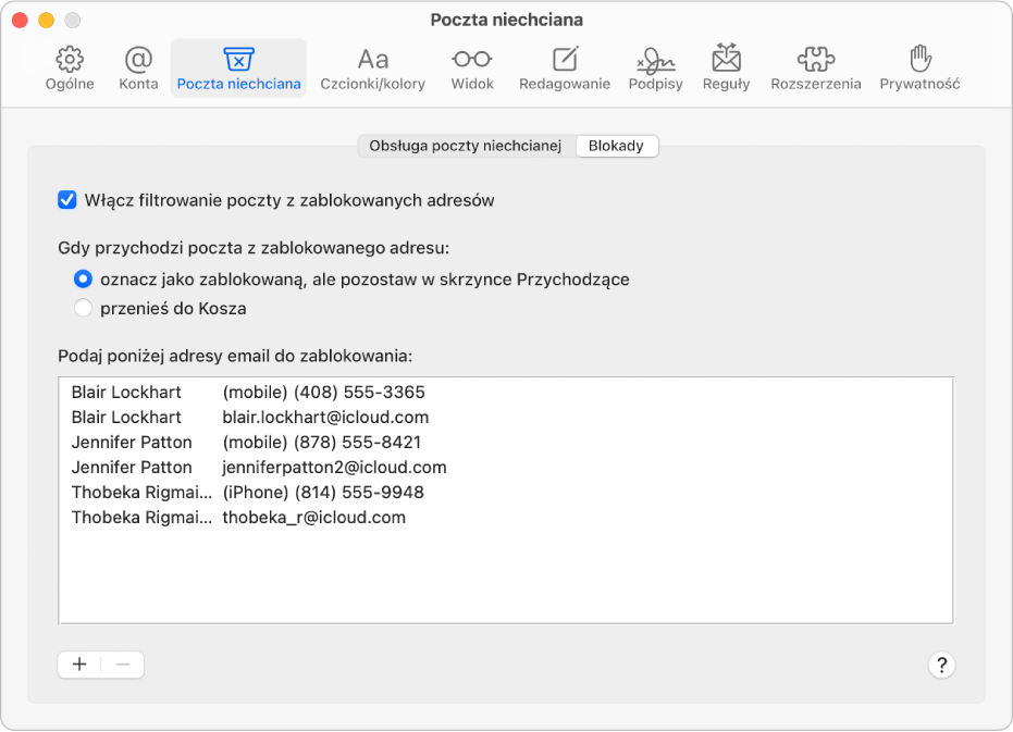 Panel preferencji Blokady, zawierający listę zablokowanych nadawców. Zaznaczone jest pole wyboru włączające filtrowanie poczty z zablokowanych adresów. Zaznaczona jest także opcja włączająca oznaczanie wiadomości jako zablokowanych, ale pozostawianie ich w skrzynce Przychodzące.