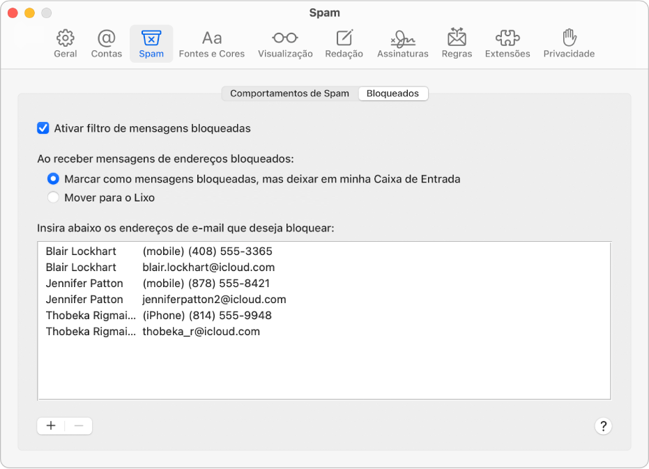 O painel da preferência Bloqueados mostrando uma lista de remetentes bloqueados. A opção para ativar a filtragem de e-mails bloqueados está selecionada, assim como a opção para marcar e-mails como bloqueados mas deixá-los na Caixa de Entrada após seu recebimento.