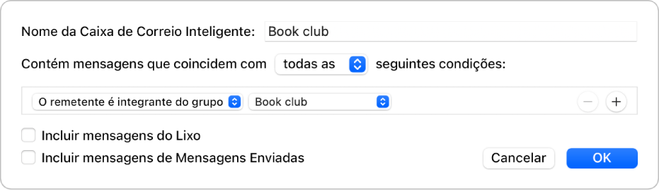 Janela do Grupo Inteligente mostrando os critérios de um grupo chamado “Horários do futebol”. O grupo possui duas condições. A primeira condição tem dois critérios, mostrados da esquerda para a direita: “O remetente é integrante do grupo” (selecionado em um menu local) e Grupo do Futebol (selecionado em um menu local). A segunda condição tem um critério: “Contém anexos” (selecionado em um menu local).