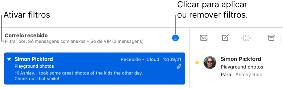 A janela do Mail a mostrar a barra de ferramentas por cima da lista de mensagens, em que o Mail indica que filtros (como “Apenas de VIP”) são aplicados.