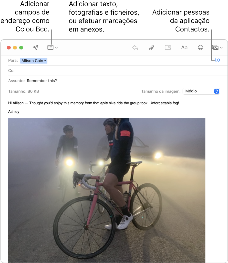 Uma janela de nova mensagem a indicar o botão “Campos do cabeçalho”, o botão Adicionar num campo de endereço para adicionar pessoas da aplicação Contactos, e a mostrar uma imagem marcada no corpo da mensagem.