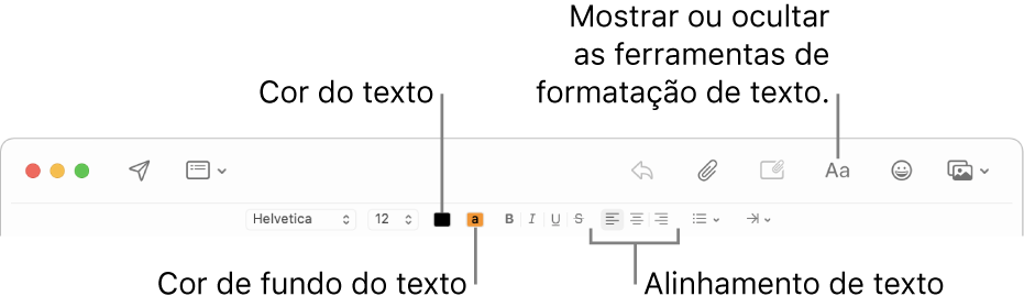 A barra de ferramentas e a barra de formatação numa janela de nova mensagem, a indicar os botões de cor do texto, cor de fundo do texto e alinhamento de texto.