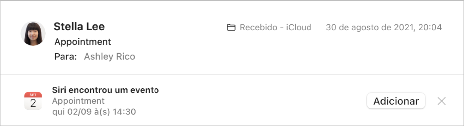 Uma faixa sob o cabeçalho da mensagem na área de pré‑visualização mostra informação sobre um evento encontrado por Siri na mensagem. Na extremidade direita encontra‑se uma hiperligação para adicionar o evento ao Calendário.