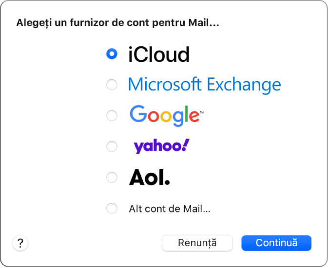 Fereastra de dialog în care selectați tipul contului de e‑mail, afișând iCloud, Microsoft Exchange, Google, Yahoo, AOL și Alt cont de Mail.