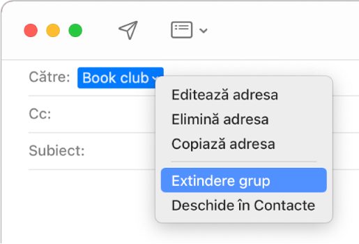 Un e-mail care prezintă un grup în câmpul Către și meniul pop-up indicând comanda Extindere grup.