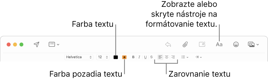 Panel s nástrojmi a panel formátovania v okne novej správy označujúci farbu textu, farbu pozadia textu a tlačidlá zarovnania textu.