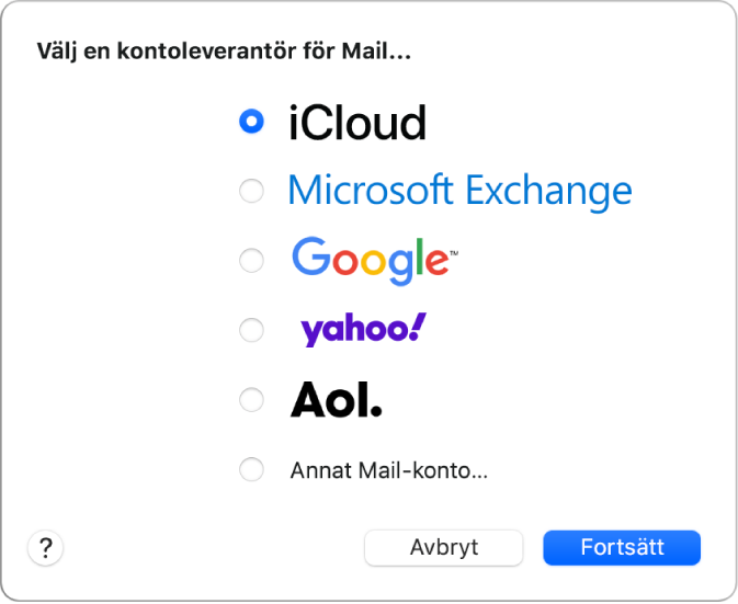 Dialogrutan för att välja en e-postkontotyp med iCloud, Microsoft Exchange, Google, Yahoo, AOL och Annat Mail-konto.