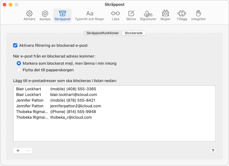 Inställningspanelen Blockerade visar en lista med blockerade avsändare. Kryssrutan för att aktivera filtrering av blockerade mejl är markerad liksom alternativet att märka blockerade mejl men låta dem ligga kvar i inkorgen när de anländer.