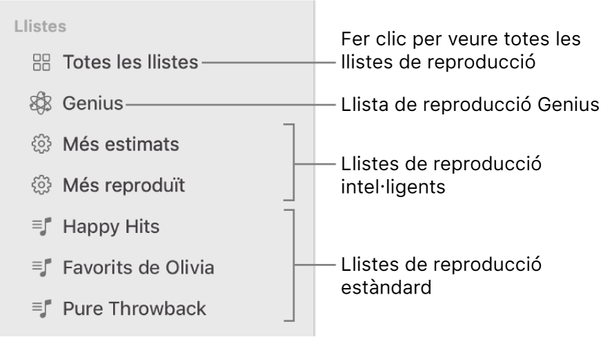 La barra lateral Música mostrant els diferents tipus de llistes de reproducció: Llistes de reproducció intel·ligents, estàndard i Genius. Fes clic a “Totes les llistes de reproducció” per veure‑les totes.