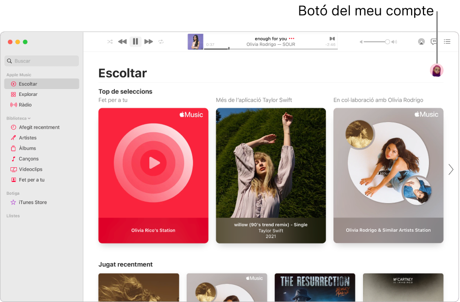 La finestra de l’Apple Music amb “Escoltar ara”. El botó “El meu compte” (que té l’aspecte d’una foto o monograma) és la cantonada superior dreta de la finestra.