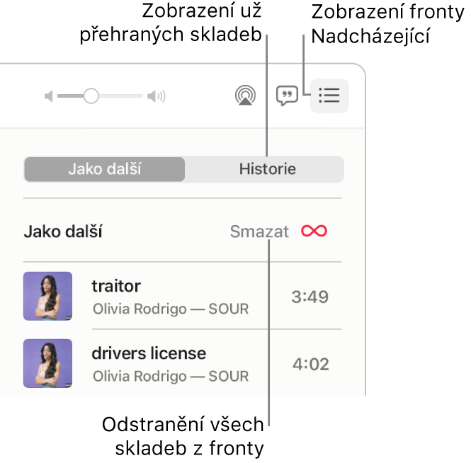 Pravý horní roh okna aplikace Hudba s tlačítkem „Přehrát jako další“ na banneru zobrazujícím frontu „Jako další“ Kliknutím na odkaz Historie zobrazíte seznam dříve přehraných skladeb Kliknutím na odkaz Clear odstraníte z fronty všechny skladby.
