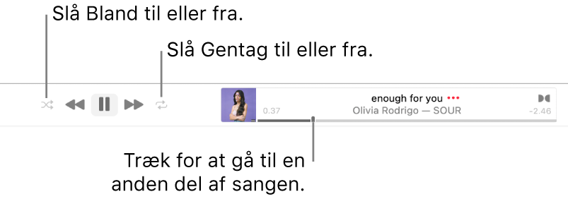Banneret med en sang, der afspilles. Knappen Bland er i øverste venstre hjørne, og knappen Gentag er i øverste højre hjørne. Træk spillelinjen for at gå til en anden del af sangen.