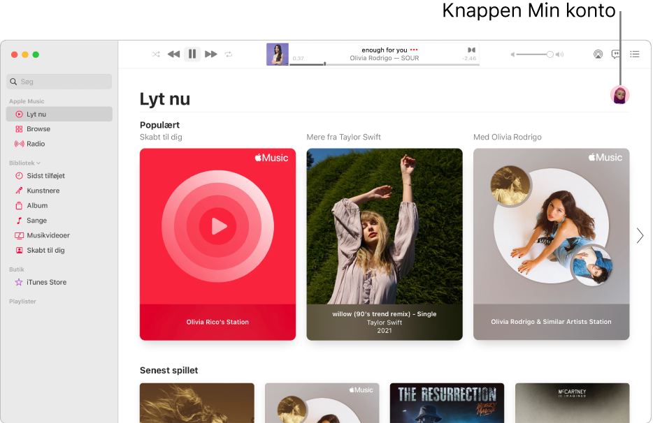 Apple Music-vinduet, som viser Lyt nu. Knappen Min konto (som ligner et foto eller et monogram) er placeret i øverste højre hjørne af vinduet.
