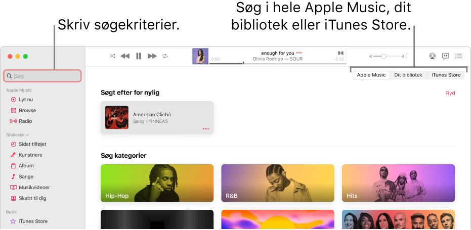 Vinduet Apple Music viser søgefeltet i øverste venstre hjørne, listen med kategorier i midten af vinduet og Apple Music, Dit bibliotek og iTunes Store, der er tilgængelige i øverste højre hjørne. Skriv søgekriterier i søgefeltet, og vælg derefter, om du vil søge i hele Apple Music, kun dit bibliotek eller i iTunes Store.