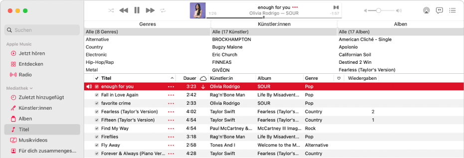 Das Hauptfenster der App „Musik“: Der Spaltenbrowser befindet sich rechts neben der Seitenleiste und über der Liste mit den Titeln.