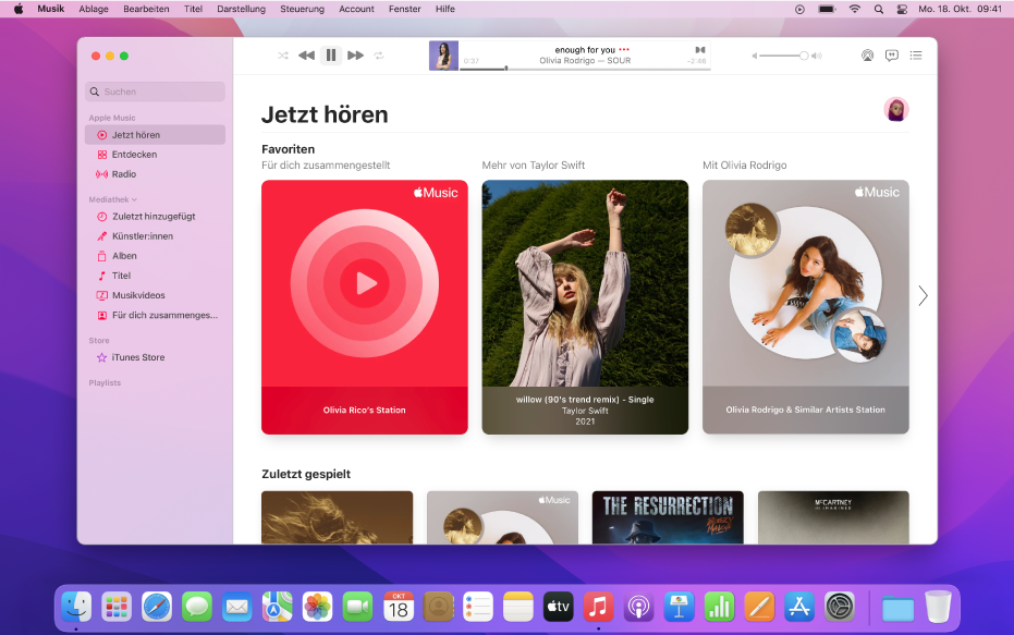 Das Fenster der App „Apple Music“ zeigt „Jetzt hören“.