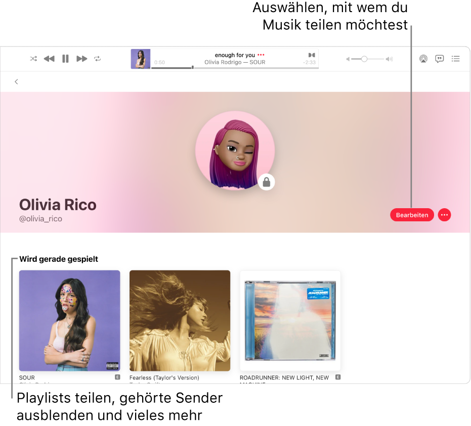 Die Profilseite in Apple Music: Klicke auf der rechten Fensterseite auf „Bearbeiten“, um festzulegen, wer dir folgen kann. Klicke rechts neben „Bearbeiten“ auf die Taste „Mehr“, um deine Musik zu teilen.