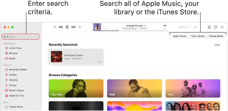 The Apple Music window showing the search field in the top-left corner, the list of categories in the centre of the window and Apple Music, Your Library and iTunes Store available in the top-right corner. Enter search criteria in the search field, then choose to search all of Apple Music, just your library or the iTunes Store.