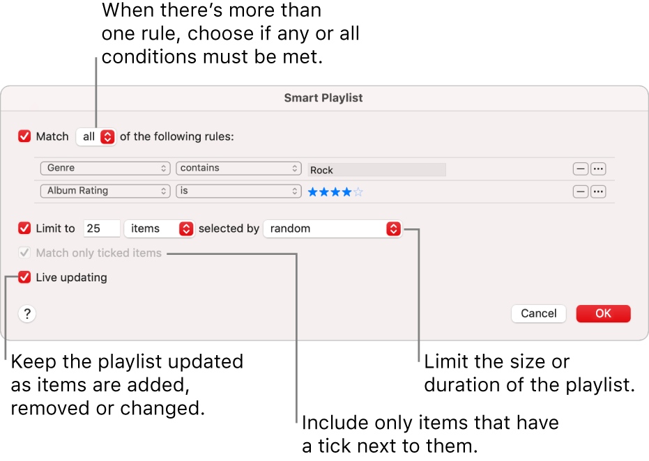 The Smart Playlist dialogue: In the top-left corner, select Match, then specify the playlist criteria (such as genre or rating). Continue to add or remove rules by clicking the Add or Remove button in the top-right corner. Select various options in the lower portion of the dialogue such as limiting the size or duration of the playlist, including only songs that are checked or having Music update the playlist as items in your library change.