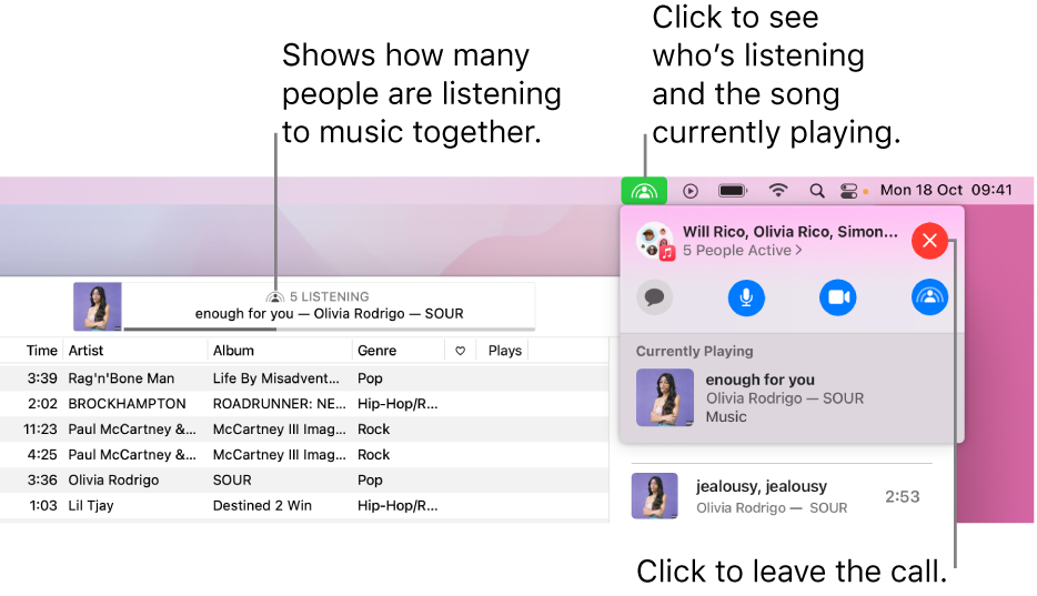 The Apple Music window with a song playing while using SharePlay. The playback window shows how many people are listening to music together. On the right, the SharePlay icon is clicked and you can see who’s listening and the song that’s currently playing. Below that, you can click the Close button.