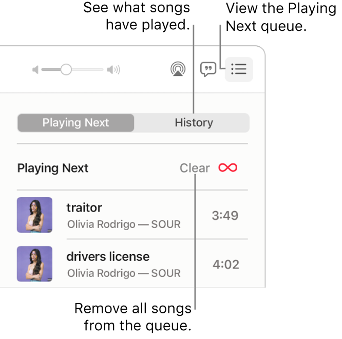The top-right corner of the Music window with the Playing Next button in the banner showing the Playing Next queue. Click the History link to see the previously played songs. Click the Clear link to remove all songs from the queue.