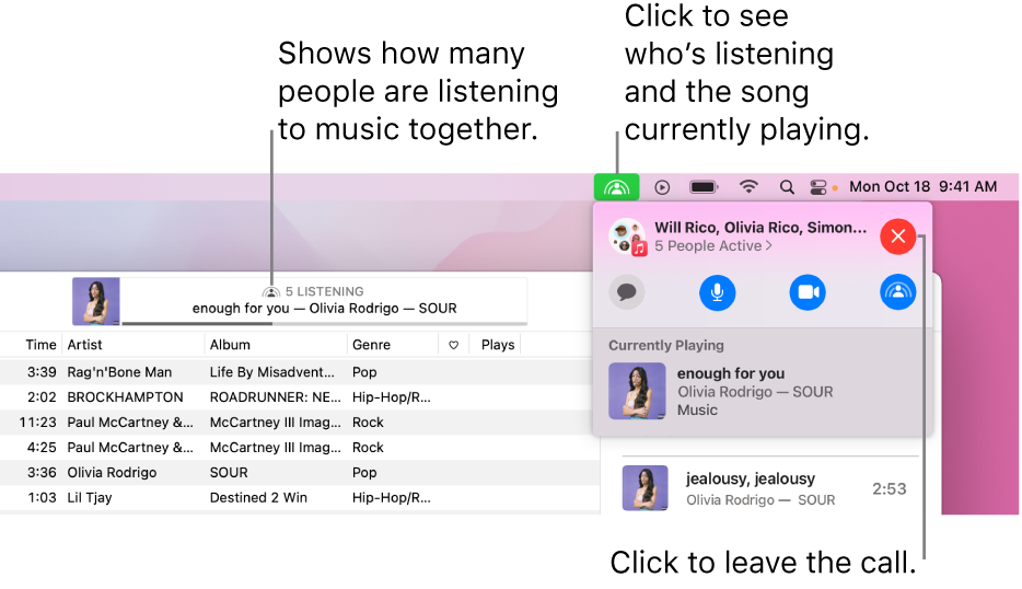 The Apple Music window with a song playing while using SharePlay. The playback window shows how many people are listening to music together. On the right, the SharePlay icon is clicked and you can see who’s listening and the song that’s currently playing. Below that, you can click the Close button.