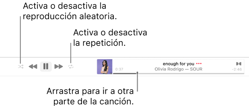 La tira con una canción en reproducción. El botón Aleatorio está en la esquina superior izquierda; el botón Repetir está en la esquina superior derecha. Arrastra la barra de arrastre para ir a una parte diferente de la canción.