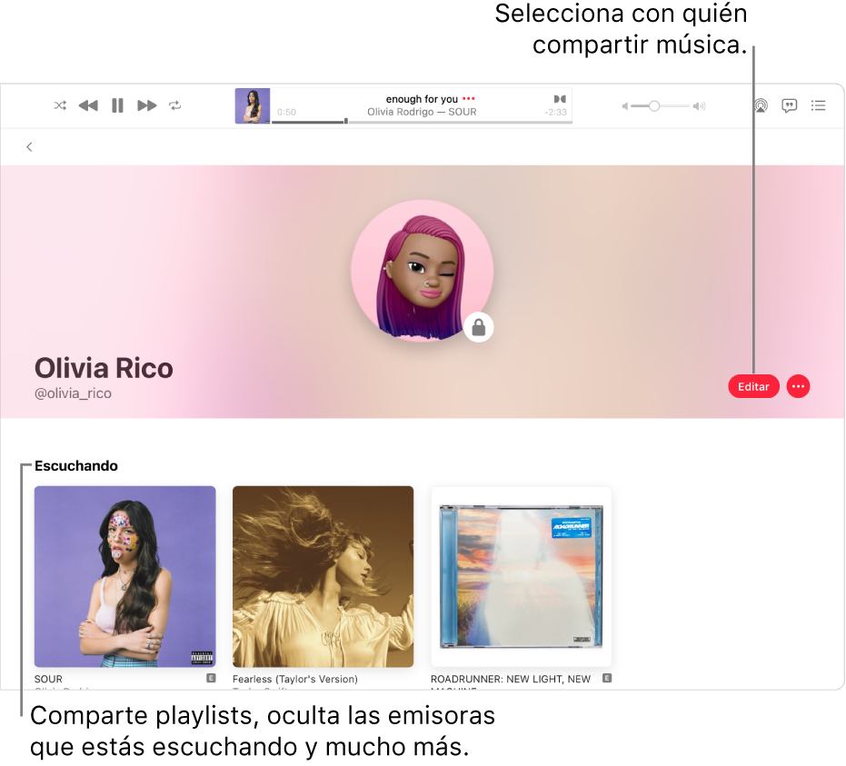 La página de perfil en Apple Music: En el lado derecho de la ventana, haz clic en Edición para seleccionar quién puede seguirte. A la derecha de Edición, haz clic en el botón Más para compartir tu música.