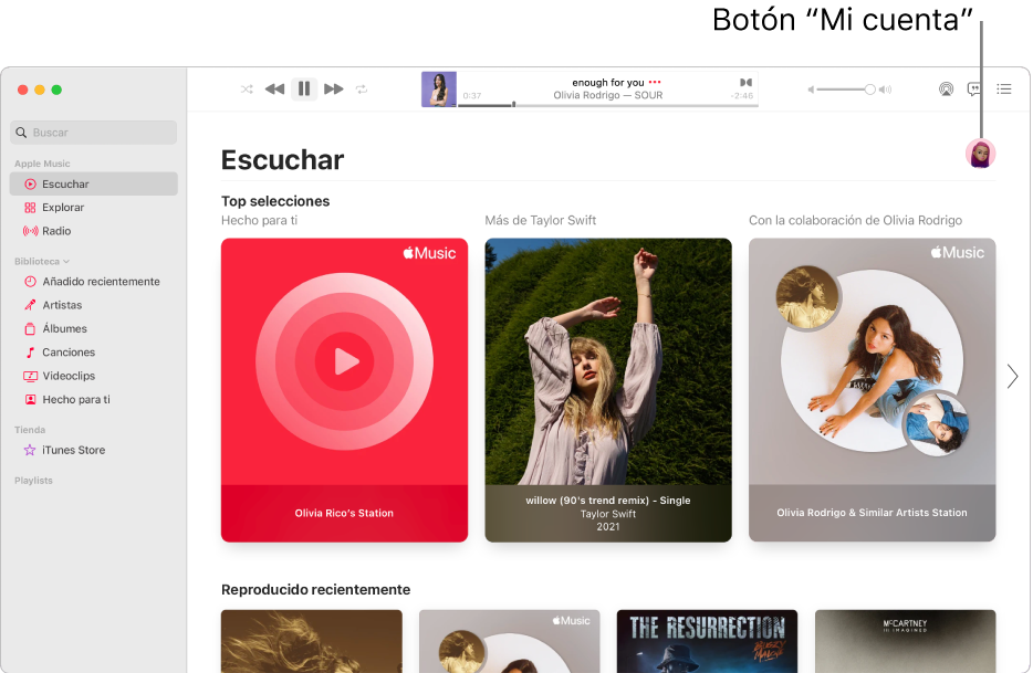 La ventana de Apple Music donde se muestra Escuchar. El botón “Mi cuenta” (que se muestra como una foto o monograma) está en la esquina superior derecha de la ventana.