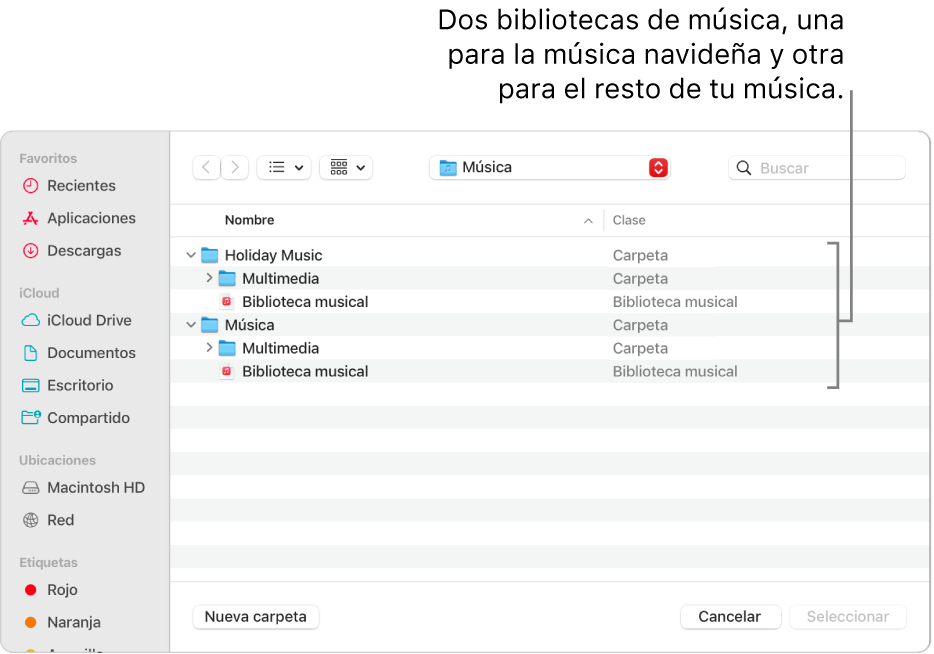 La ventana del Finder con varias bibliotecas: una para la música de las vacaciones y la otra para el resto de la música.