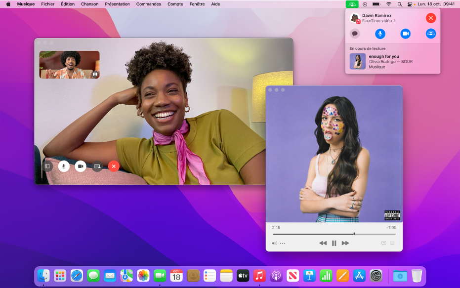 Fenêtre FaceTime qui affiche un appel lors duquel les participants utilisent SharePlay pour écouter un album ensemble.