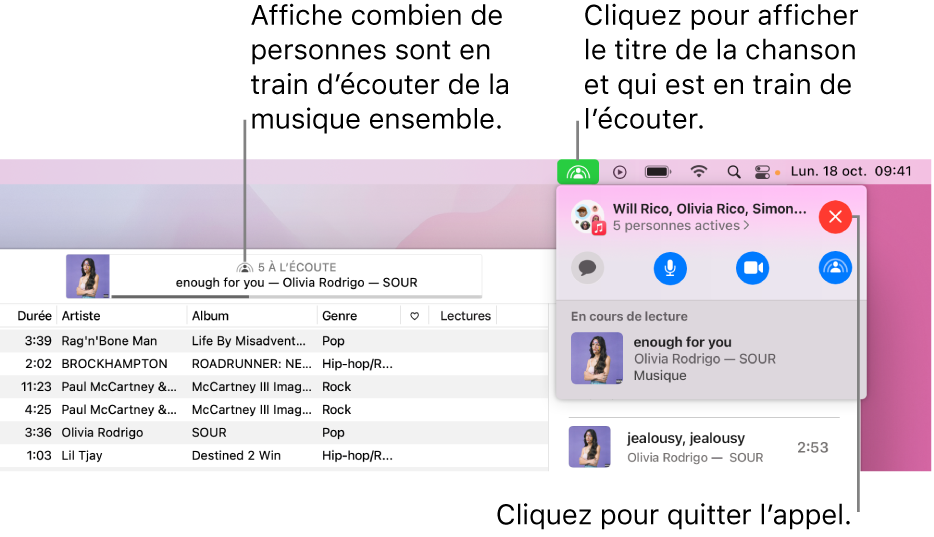 La fenêtre Apple Music avec une chanson en cours de lecture pendant l’utilisation SharePlay. La fenêtre de lecture montre le nombre de personnes qui écoutent de la musique ensemble. Sur la droite, l’icône SharePlay est cliquée, vous pouvez alors découvrir la chanson en cours de lecture et qui l’écoute. En dessous, vous pouvez cliquer sur le bouton Fermer.