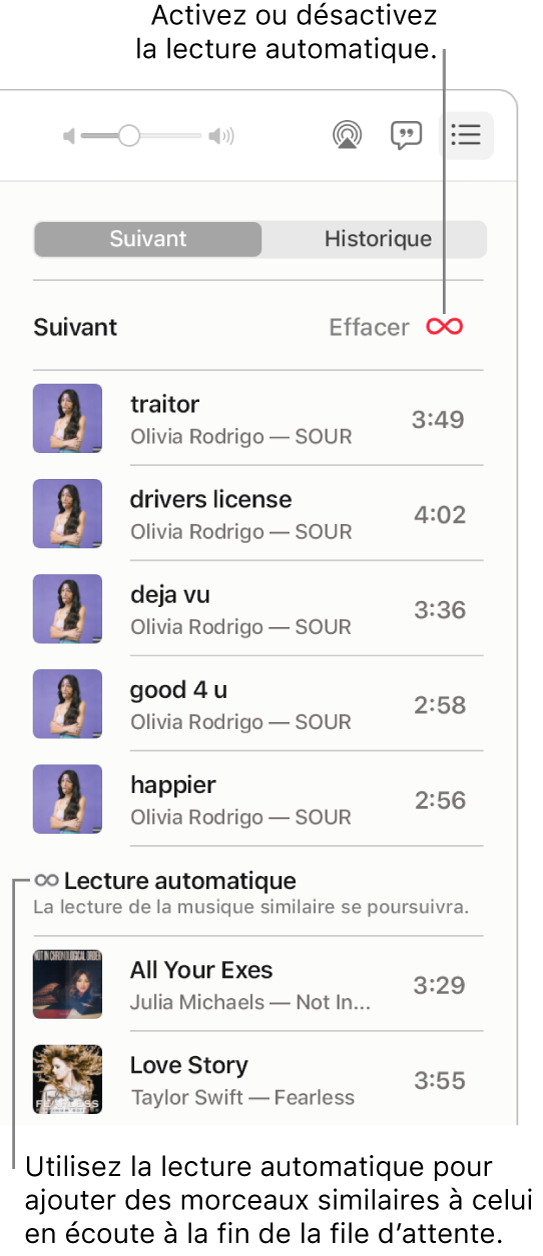 La file d’attente Suivant. Cliquez sur le bouton « Lecture automatique » pour activer ou désactiver la lecture automatique. Lorsque la lecture automatique est activée, des morceaux similaires sont ajoutés à la fin de la file d’attente.