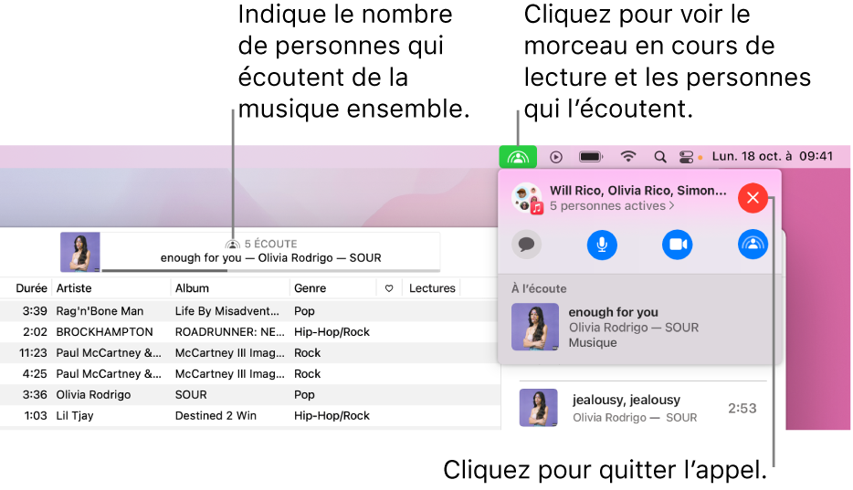 Fenêtre Apple Music avec un morceau en cours de lecture pendant une session SharePlay. La fenêtre de lecture indique le nombre de personnes qui écoutent de la musique simultanément. Sur la droite, l’utilisateur clique sur le bouton SharePlay et vous pouvez voir les personnes qui écoutent de la musique ainsi que le morceau en cours de lecture. En dessous, vous pouvez cliquer sur le bouton Fermer.