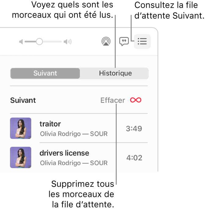 Le coin supérieur droit de la fenêtre Musique avec le bouton Suivant dans la bannière montrant la file d’attente Suivant. Cliquez sur le lien Historique pour consulter les morceaux déjà écoutés. Cliquez sur le lien Effacer pour supprimer tous les morceaux de la file d’attente.