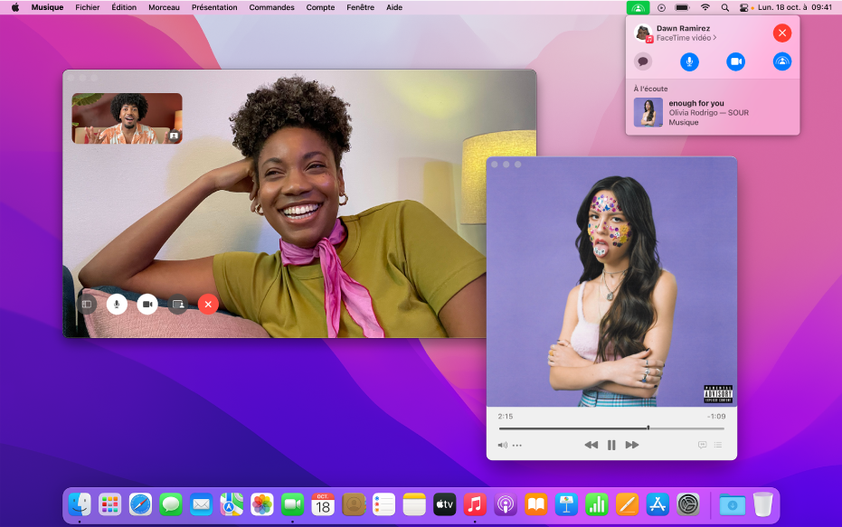 La fenêtre FaceTime affichant un appel dans lequel les participants utilisent SharePlay pour écouter un album ensemble.