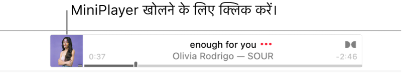 MiniPlayer खोलने के लिए बैनर के बाएँ ओर ऐल्बम आर्ट पर क्लिक करें।