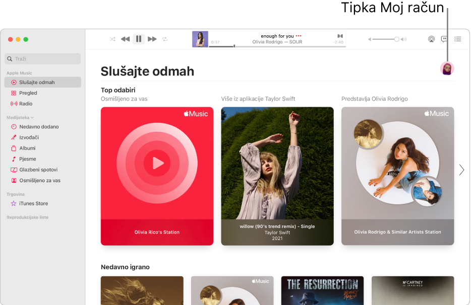 Prozor usluge Apple Music s prikazom Slušajte sada. Tipka Moj račun (koja izgleda poput fotografije ili monograma) nalazi se u gornjem desnom kutu prozora.