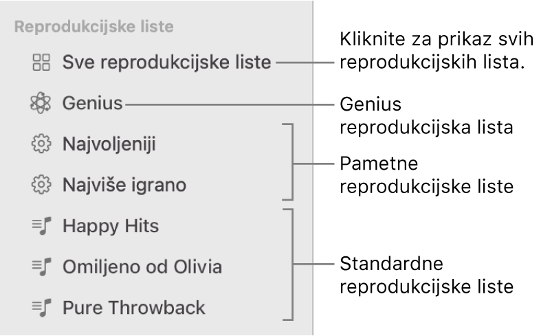 Rubni stupac aplikacije Glazba prikazuje razne vrste reprodukcijskih lista: Genius, Smart i standardne reprodukcijske liste. Kliknite Sve reprodukcijske liste kako biste vidjeli sve.